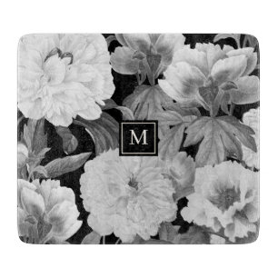 Black & White Peonies Watercolor Floral Monogram Cutting Board