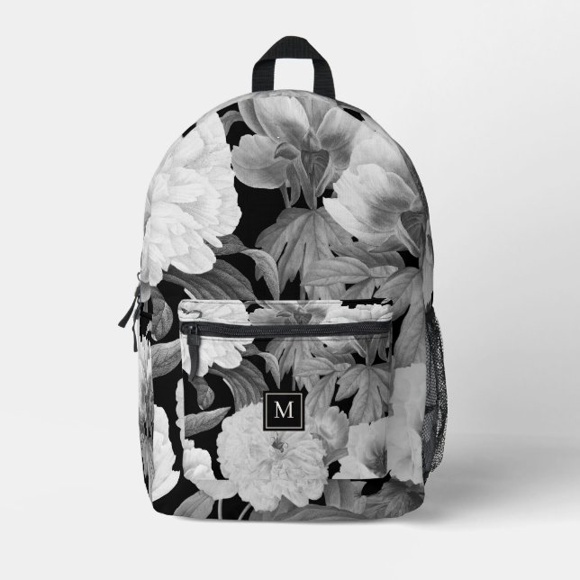 Black & White Peonies Watercolor Floral Monogram Printed Backpack (Front)
