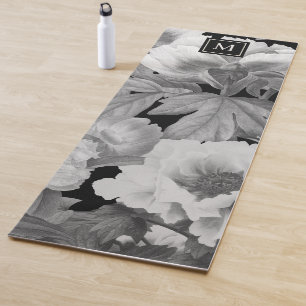 Black & White Peonies Watercolor Floral Monogram Yoga Mat