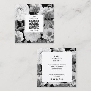 Black & White Peonies Watercolor Floral QR Code Square Business Card