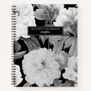 Black & White Peonies Watercolor Floral Recipe Notebook