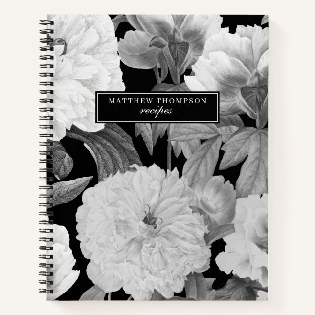 Black & White Peonies Watercolor Floral Recipe Notebook (Front)