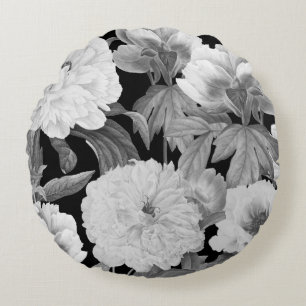 Black & White Peonies Watercolor Floral Round Cushion