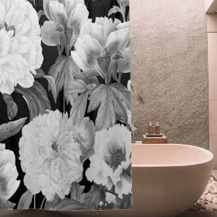 Black & White Peonies Watercolor Floral Shower Curtain