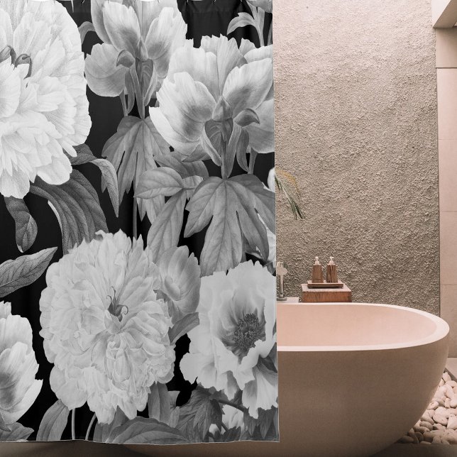 Black & White Peonies Watercolor Floral Shower Curtain (Black & White Peonies Watercolor Floral Shower Curtain)