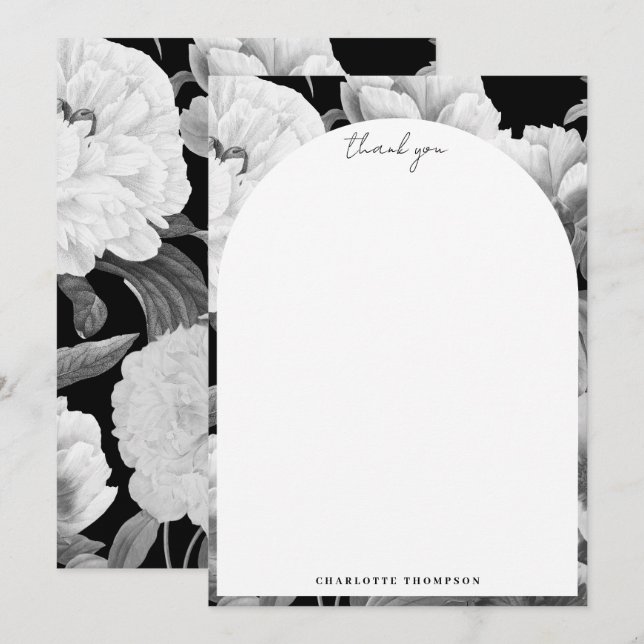 Black & White Peonies Watercolor Floral Thank You Card (Front/Back)