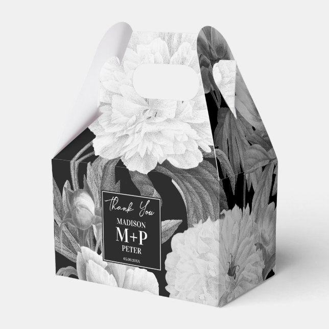 Black & White Peonies Watercolor Floral Wedding Favour Box (Front Side)