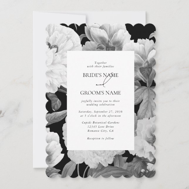 Black & White Peonies Watercolor Floral Wedding Invitation (Front)