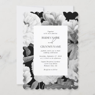 Black & White Peonies Watercolor Floral Wedding Invitation