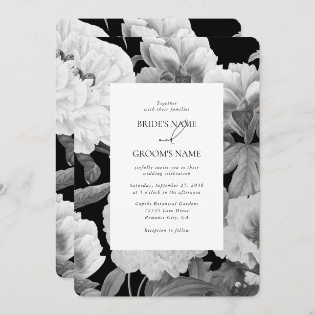 Black & White Peonies Watercolor Floral Wedding Invitation (Front/Back)