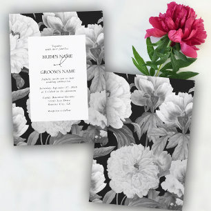 Black & White Peonies Watercolor Floral Wedding Invitation
