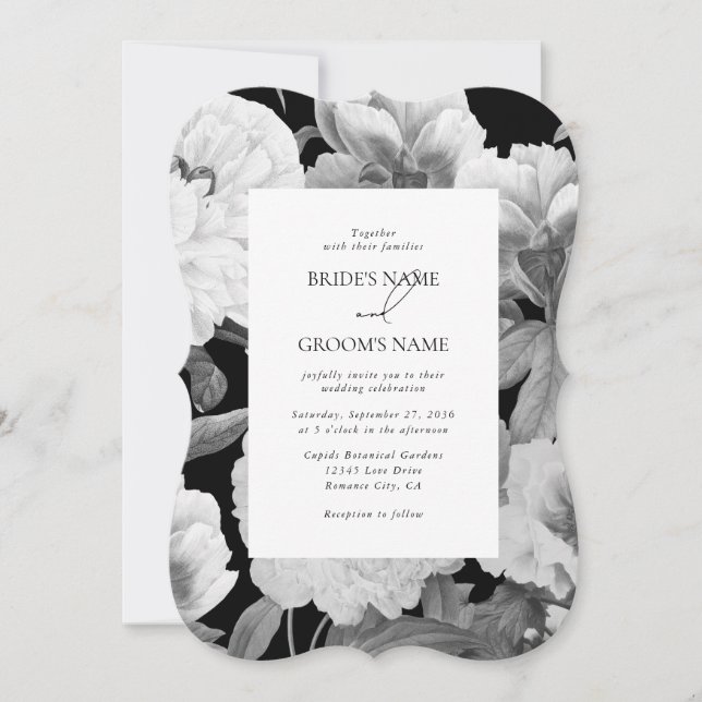 Black & White Peonies Watercolor Floral Wedding Invitation (Front)