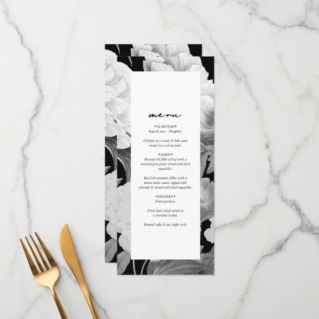 Black & White Peonies Watercolor Floral Wedding Menu (Front/Back In Situ)