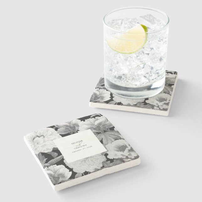 Black & White Peonies Watercolor Floral Wedding Stone Coaster (Side)