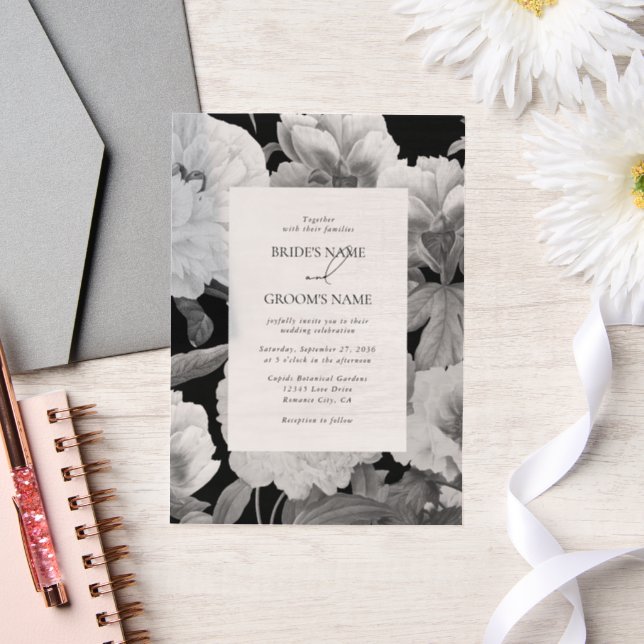 Black & White Peonies Watercolor Floral Wedding Vellum Invitations (Wedding)