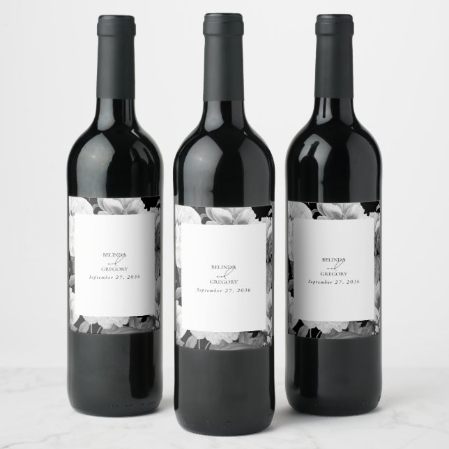 Black & White Peonies Watercolor Floral Wedding Wine Label (Bottles)