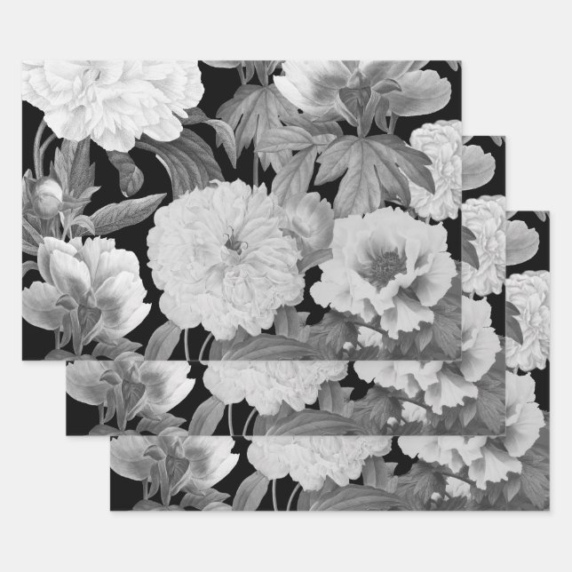 Black & White Peonies Watercolor Floral Wrapping Paper Sheet (Set)