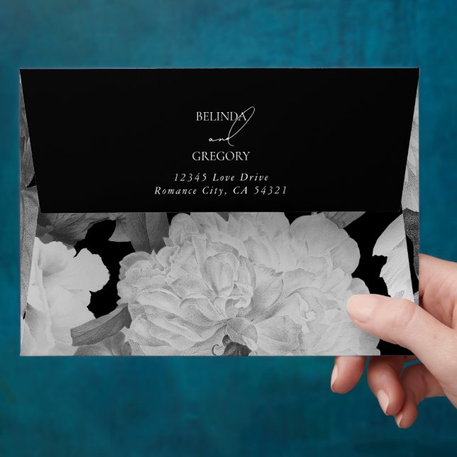 Black & White Peonies  Wedding 5x7 Invitation Envelope (Hand)