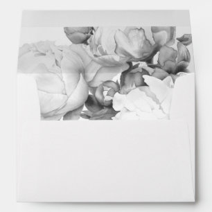 Black white peony elegant floral watercolor art envelope