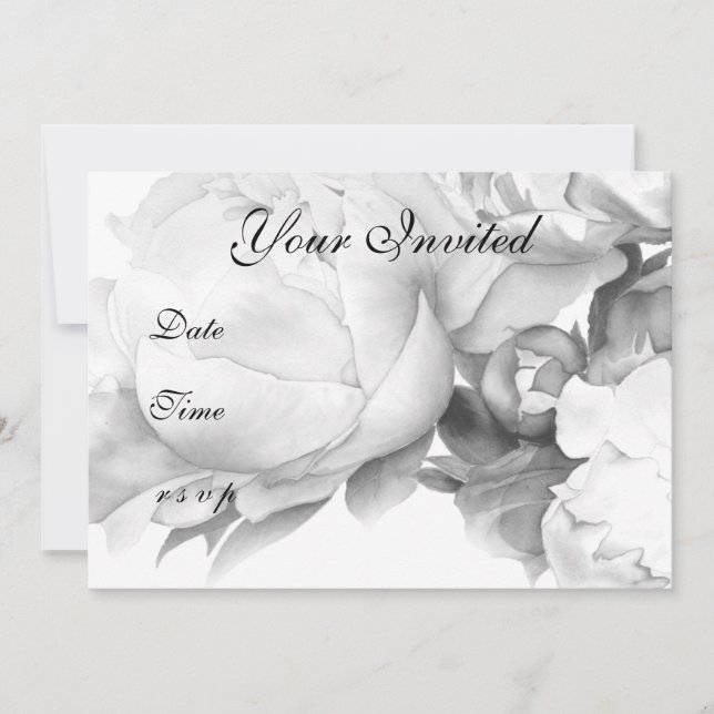 Black white peony elegant floral watercolor art  invitation (Front)