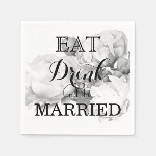 Black white peony elegant floral watercolor art  napkin