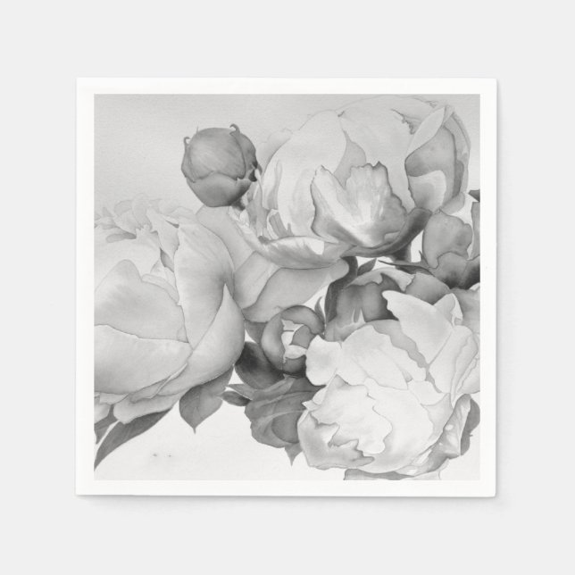 Black white peony elegant floral watercolor art  napkin (Front)