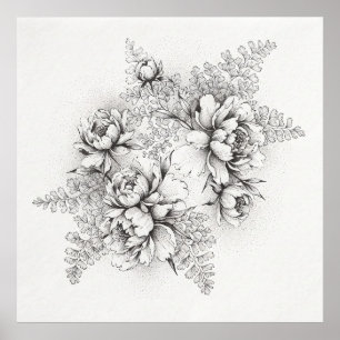 Black White Peony Fern Botanical Line Art Poster