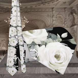 Black & White Peony Greenery Wedding Tie