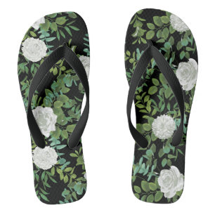 Black & White Peony Rose Floral Wedding Flip Flops