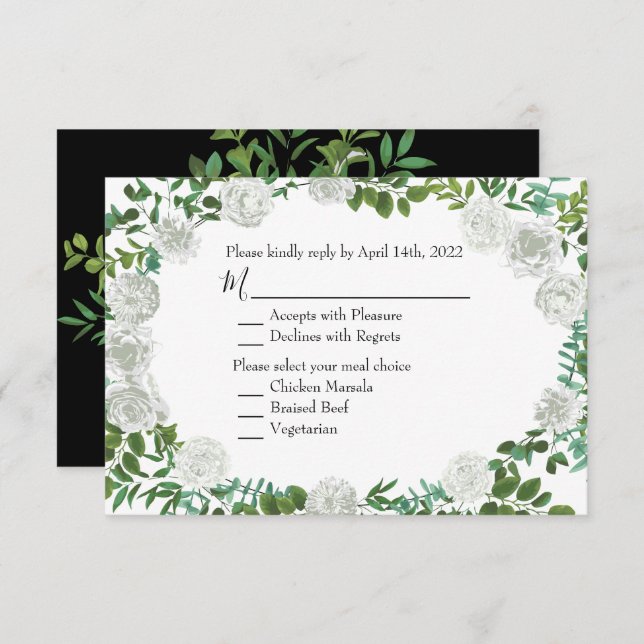 Black & White Peony Rose Invitation Reply Card (Front/Back)