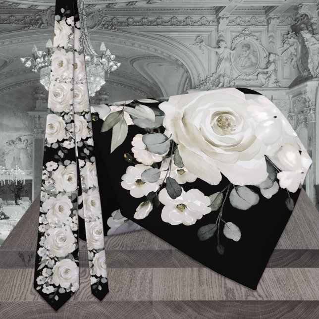 Black & White Peony Sage Eucalyptus Wedding Tie (Creator Uploaded)