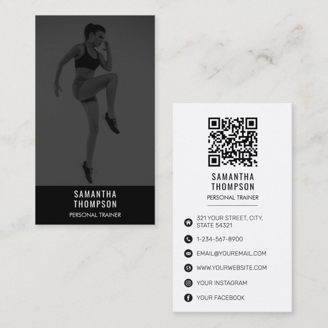 Black White Personal Trainer Fitness Custom Photo  Business Card (Front/Back)