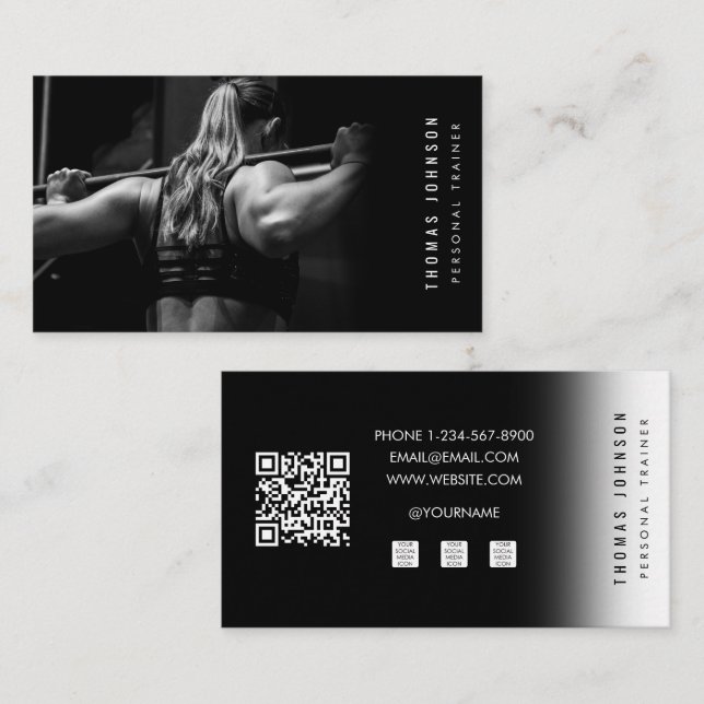 Black White Personal Trainer Fitness Photo Business Card (Front/Back)