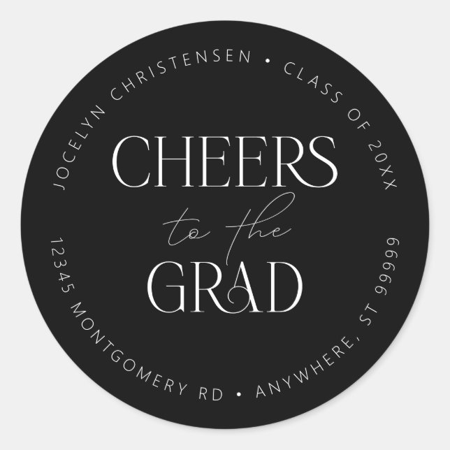 Black White Personalised Cheers to the Grad Classic Round Sticker (Front)