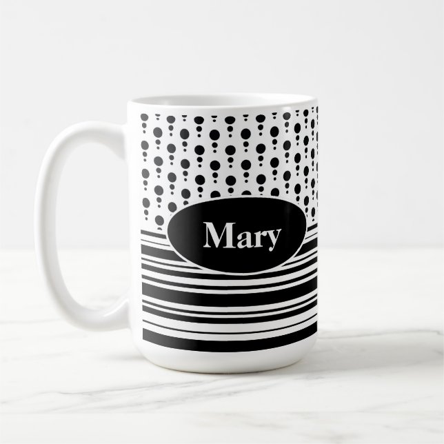 Black & White Personalised Dot Patterns & Stripes Coffee Mug (Left)