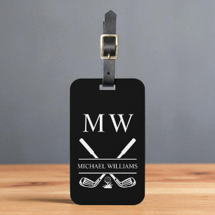 Black White Personalised Monogram Golf Clubs Luggage Tag