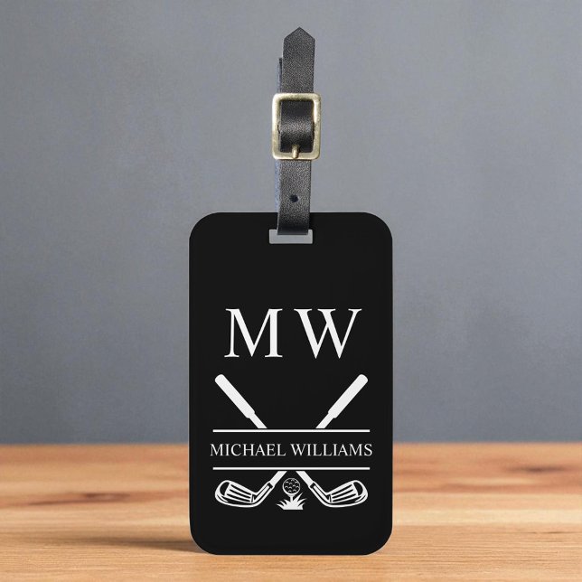 Black White Personalised Monogram Golf Clubs Luggage Tag (Creator Uploaded)