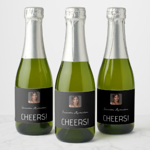 Black White Personalised Photo Name Script Mini Sparkling Wine Label