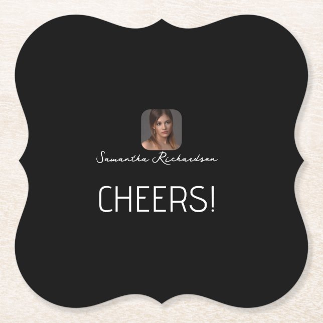 Black White Personalised Photo Name Script  Paper Coaster (Front)