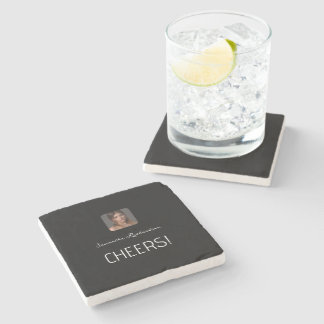 Black White Personalised Photo Name Script  Stone Coaster