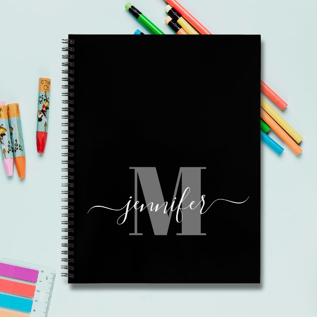 Black White Personalised Sketchbook Monogram Name Notebook (Creator Uploaded)