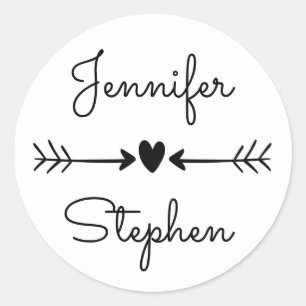 Black & White Personalised Wedding Hearts & Arrows Classic Round Sticker