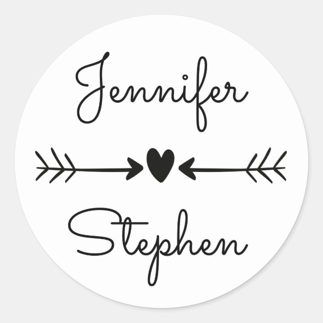Black & White Personalised Wedding Hearts & Arrows Classic Round Sticker (Front)