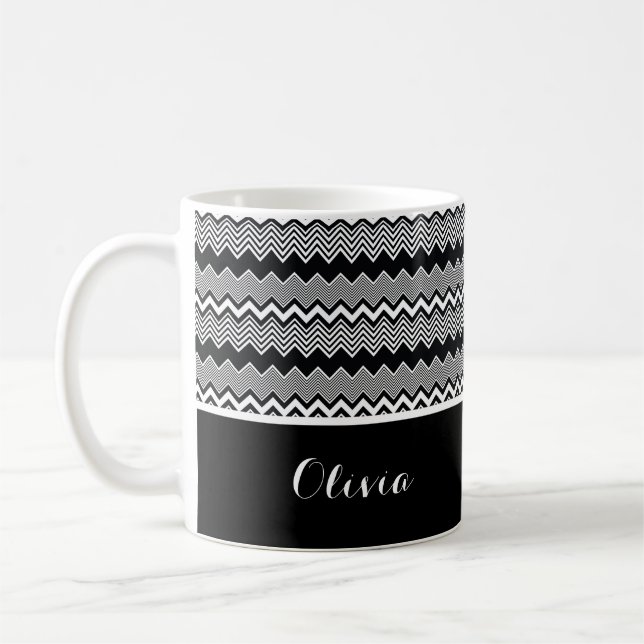 Black & White Personalised Zig Zag Pattern & Black Coffee Mug (Left)