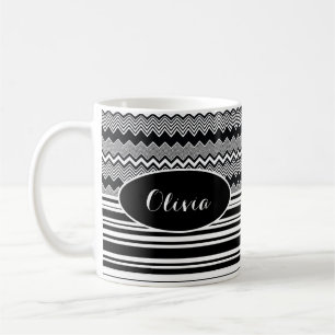 Black & White Personalised, Zig Zags and Stripes Coffee Mug