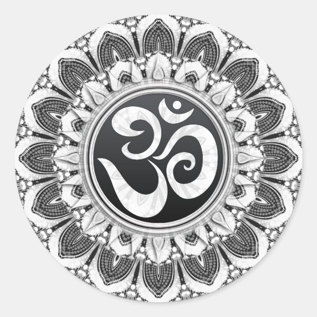 Black+White Petals Aum Mandala Art Round Sticker (Front)