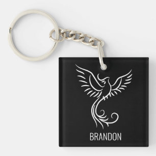 Black White Phoenix Mystical Bird Rise  Key Ring
