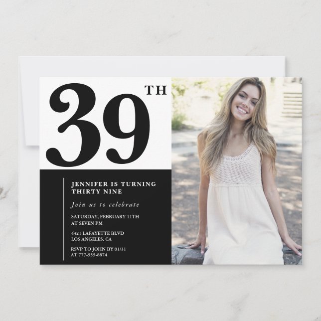Black White Photo 39th Birthday Invitations (Front)