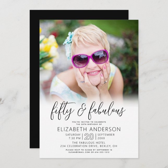 Black White Photo 50 Fabulous Birthday Script Bold Invitation (Front/Back)