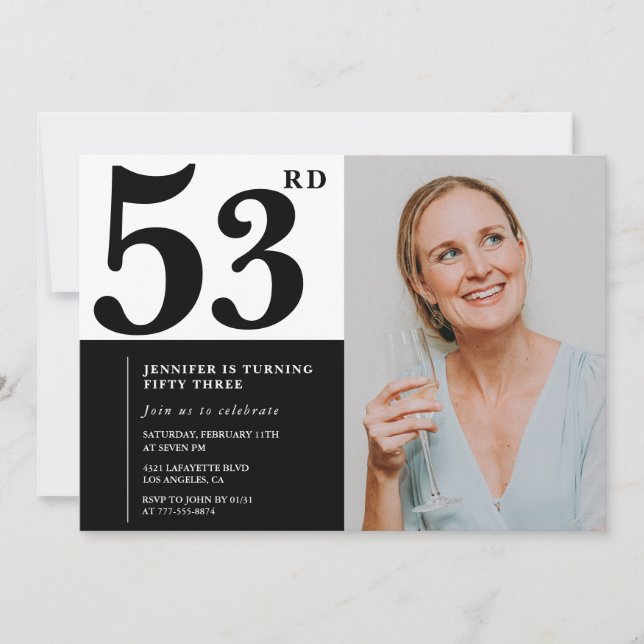 Black White Photo 53rd Birthday Invitations (Front)